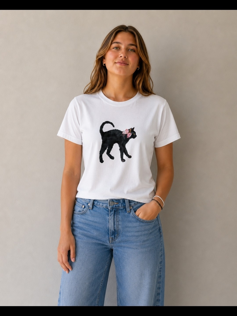 Women's White Short‑Sleeve Tee with Black Cat Graphic